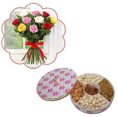 "Metaphor Dry Fruit Box, 10 mixed Roses bunch - Click here to View more details about this Product